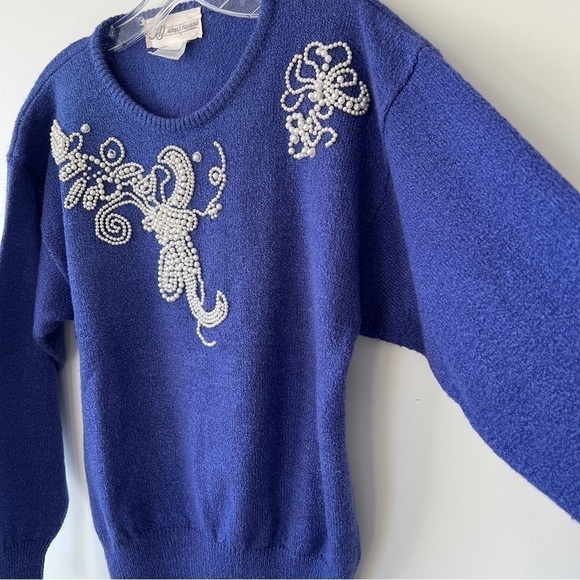 Vintage 80s Cobalt Blue Beaded Pearl Knit Pullover Crewneck Sweater - Picture 7 of 16